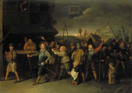 Children playing at soldiers outside a baker's shop