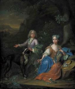 Double portrait of a boy and a girl, small full-length, with a greyhound in a wooded landscape