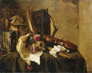 A vanitas still life with a globe, books, a skull, a violin, a flute, a letter and flowers on a draped ledge