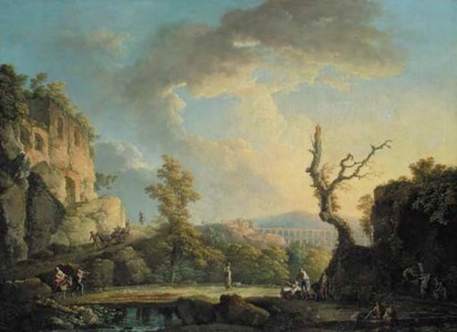 An extensive Italianate river landscape with travellers and soldiers in the foreground, a Roman aqueduct beyond