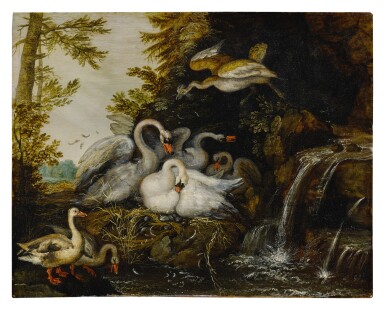 Landscape with swans near a waterfall