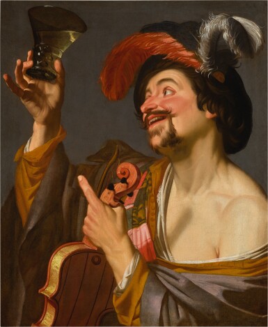A merry violinist holding a roemer