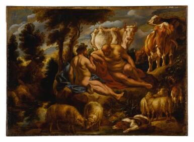 Mercury playing Argus to sleep with his flute, with Io transformed into a white heifer