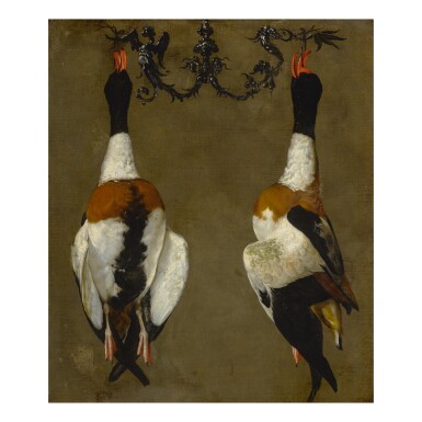 Still life of two shelducks hanging from their bills