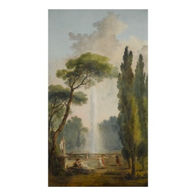 View of a garden with a large fountain at center and figures relaxing and dancing in the foreground