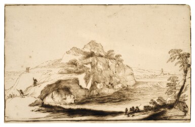Landscape with a natural bridge, with men killing serpents