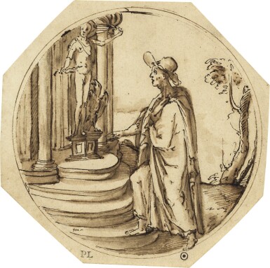 A man before a Roman Temple, with a statue of Jupiter