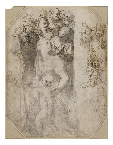 Recto: Two groups of figures, studies for the Frangipani Chapel, San Marcello al Corso Verso: Studies for the lunette above the altar in the Frangipani Chapel and an architectural design for a wall decoration