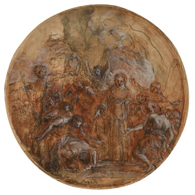 An Abbot Saint, possibly St. Anthony of Egypt, surrounded by peasants, discovering a spring