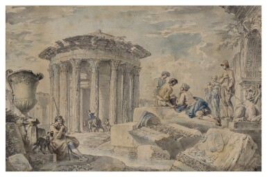 A capriccio with the Temple of Vesta, and figures among ruins
