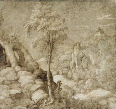 A rocky landscape with trees and distant figures     