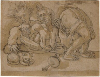 Recto: Study for an illustration of a popular proverb Verso: A corpse being dragged in the street of a city: the transportation of the body of St. Christopher    
