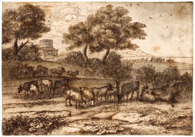 A pastoral landscape with a coastal view in the background, a building with a tower to the left, herdsman and cattle    