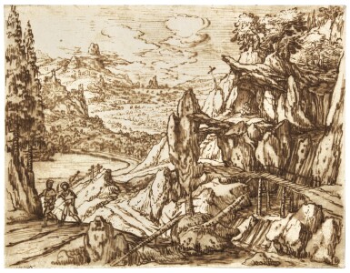 Mountain landscape with travellers