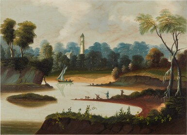 Riverscape with Sailboats, White Tower, and Church