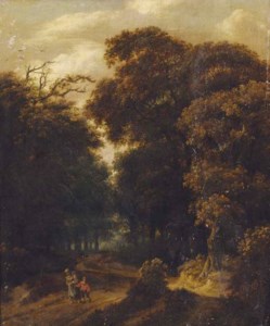 A wooded landscape with a mother and child on a track
