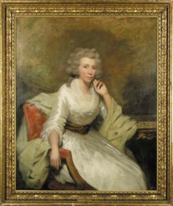 Portrait of Margaretta Henrietta, Lady Hepburn, three-quarter-length, seated, in a white dress and a green shawl, her left arm resting on a table