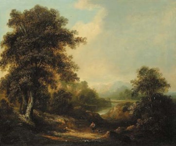 A traveller on a track in a hilly wooded landscape