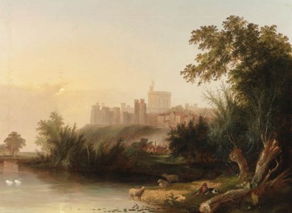 A shepherd with his flock on the Thames, Windsor Castle beyond