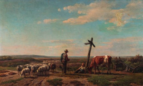A pastoral scene with a shepherdess and a cowherd conversing at a crossroad