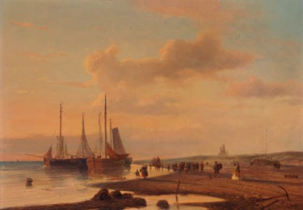 A fish auction at the beach with elegant figures in the foreground