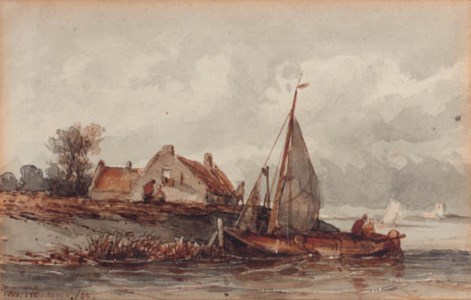 A moored sailingvessel by a cottage in a river landscape