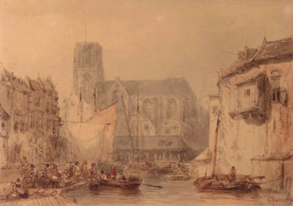 Figures unloading cargo in an inner harbour of Rotterdam, the Laurenskerk towering