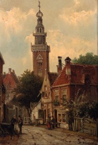 A view in a city with villagers conversing in a street