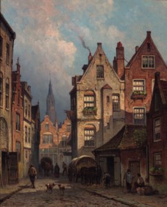 A streetscene with horse-drawn carts and villagers conversing