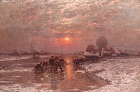 A winter landscape at dusk with figures fishing on the ice