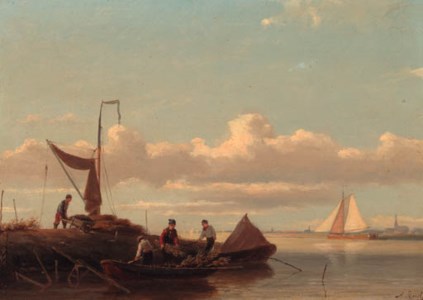 Peasants unloading a barge on a jetty