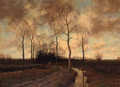 A peasantwoman and a child on a path amidst birchtrees
