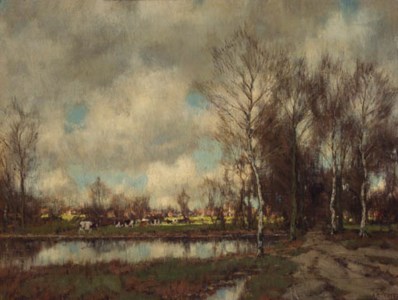 A landscape with birchtrees and cows in a sunlit meadow