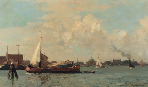 Barges on the IJ, Amsterdam, the Lutherse Kerk beyond