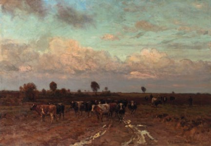 A herdsman driving cattle through a heath landscape