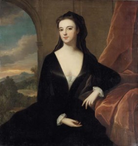 Portrait of Sarah, 1st Duchess of Marlborough, seated three-quarter-length, in a black dress, by a red curtain before an arched doorway, a landscape beyond