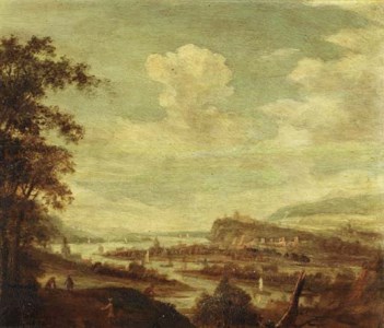 An extensive river landscape with sailboats