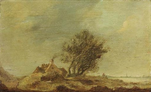 An extensive landscape with a cottage by a tree