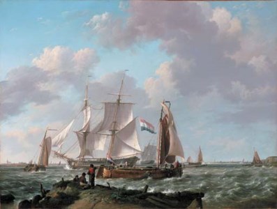 Ships in a Squall with Figures on the Shore