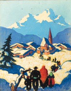 Figures in a frozen alpine landscape with a village beyond