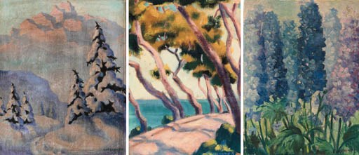 A frozen mountainous landscape; and Trees on a sunlit beach; and Delphiniums