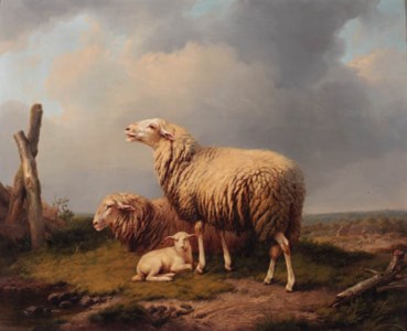 Sheep in a meadow with a shepherd and his flock