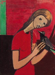 Girl in red with bird