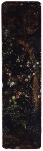 Artichokes, roses, ears of corn, lilies and other flowers by a vine-covered tree with a monkey, a cat, a porcupine and birds nearby - a fragment