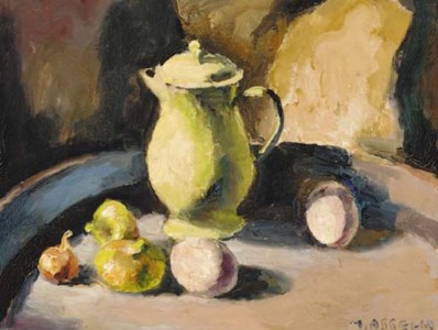 Still life of eggs, vegetables and a coffee pot