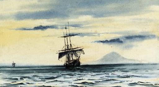 The last sight of Mount Discovery: SS. "Morning" & "Terra Nova" following the "Discovery" out of McMurdo Strait, Feb.19.04 Midnight