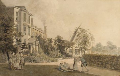 A house situated on the banks of the Thames, near Hammersmith, with figures in the garden