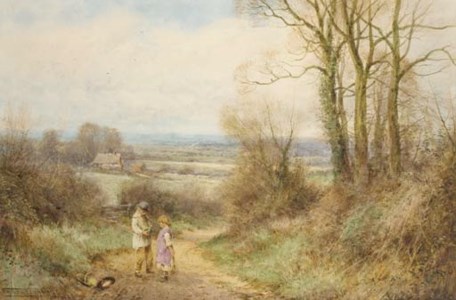 Children gathering primroses on a country lane
