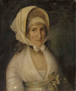 Portrait of Mrs James Beevor, bust-length, in a white dress with a green sash and a white lace bonnet