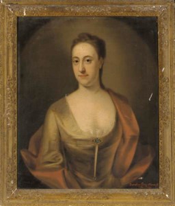 Portrait of Dorothy Branthwayt (d.1769), half-length, in a turquoise dress and red wrap, feigned oval